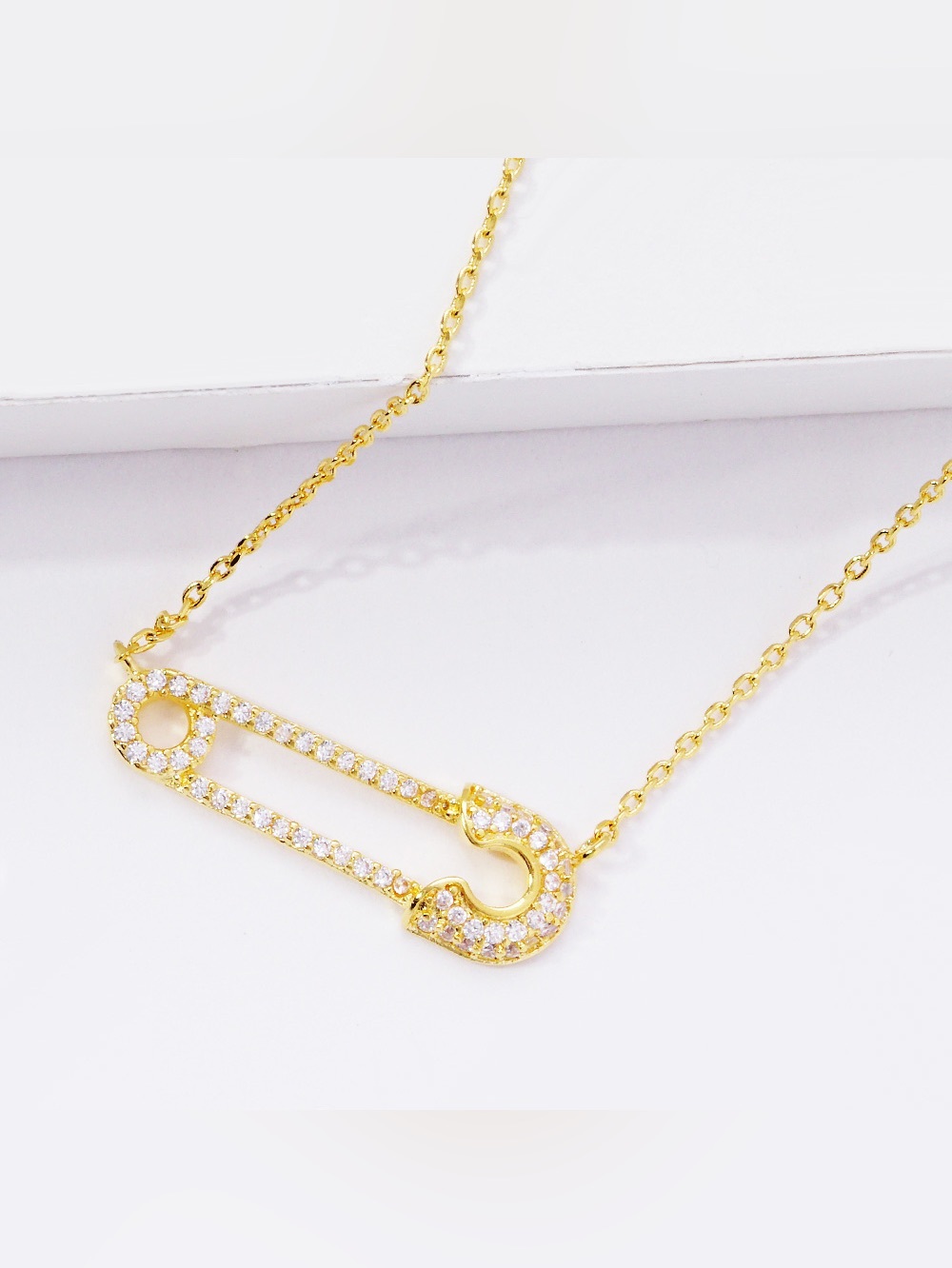 Gold Dipped CZ Safety Pin Pendant Necklace